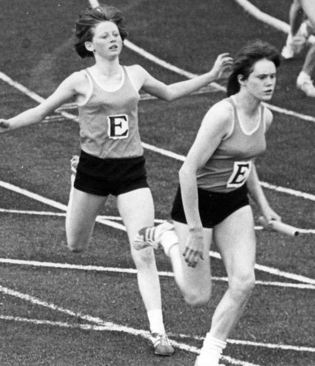 Handing the baton to Nora O’Grady for the final leg of the 1976 Schools All Ireland Winning Relay.